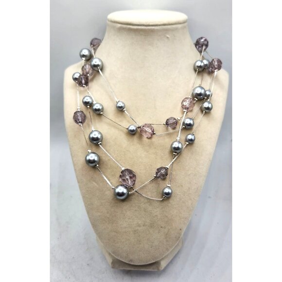 Floating Gray Bead & Crystal Multistrand Necklace - 32" - Picture 3 of 3